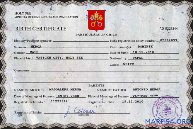 Blank Holy See vital record birth certificate PSD template